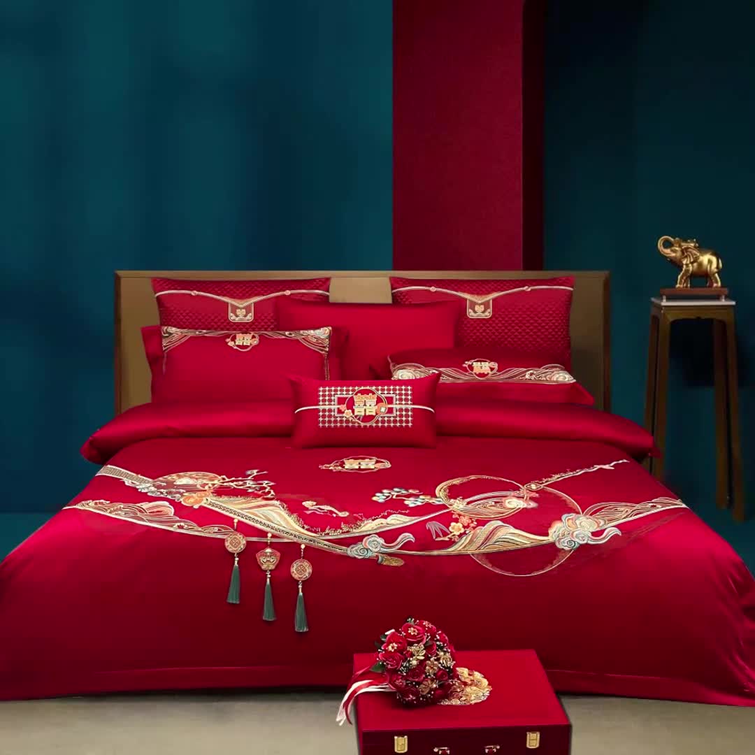 91家纺网 家纺一手货源 找家纺 (总) 缔缦 2022新款秋冬婚庆长绒棉刺绣多件套-事事如意