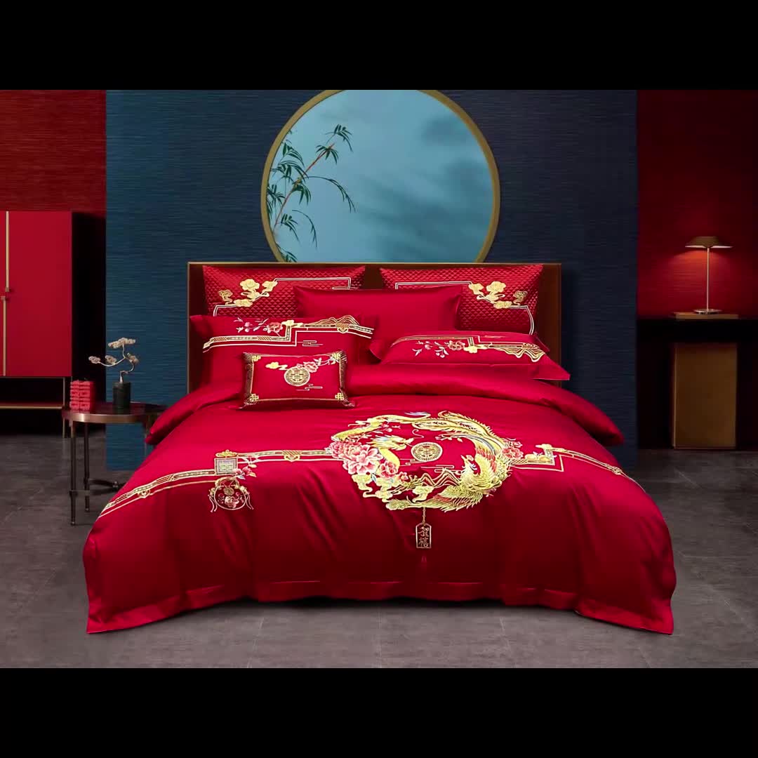 91家纺网 家纺一手货源 找家纺 (总) 缔缦 2022新款秋冬婚庆长绒棉刺绣多件套-龙凤贺喜