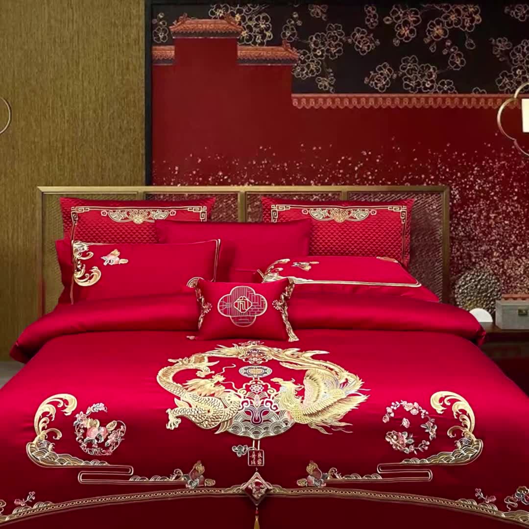 91家纺网 家纺一手货源 找家纺 (总) 缔缦 2022新款秋冬婚庆长绒棉刺绣多件套-佳偶天成