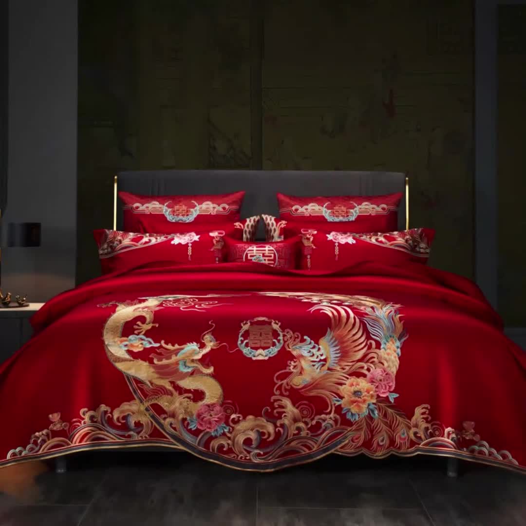 91家纺网 家纺一手货源 找家纺 (总) 缔缦 2022新款秋冬婚庆长绒棉刺绣多件套-龙凤如意