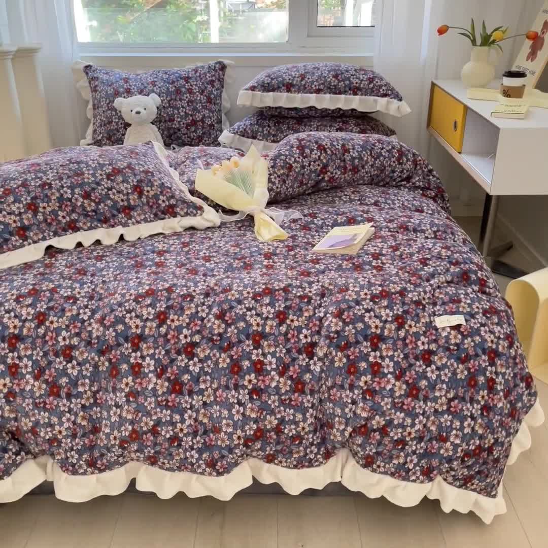 91家纺网 家纺一手货源 找家纺 安哆啦 2022新款加厚牛奶绒花边小贴标四件套 花边-复古小碎花