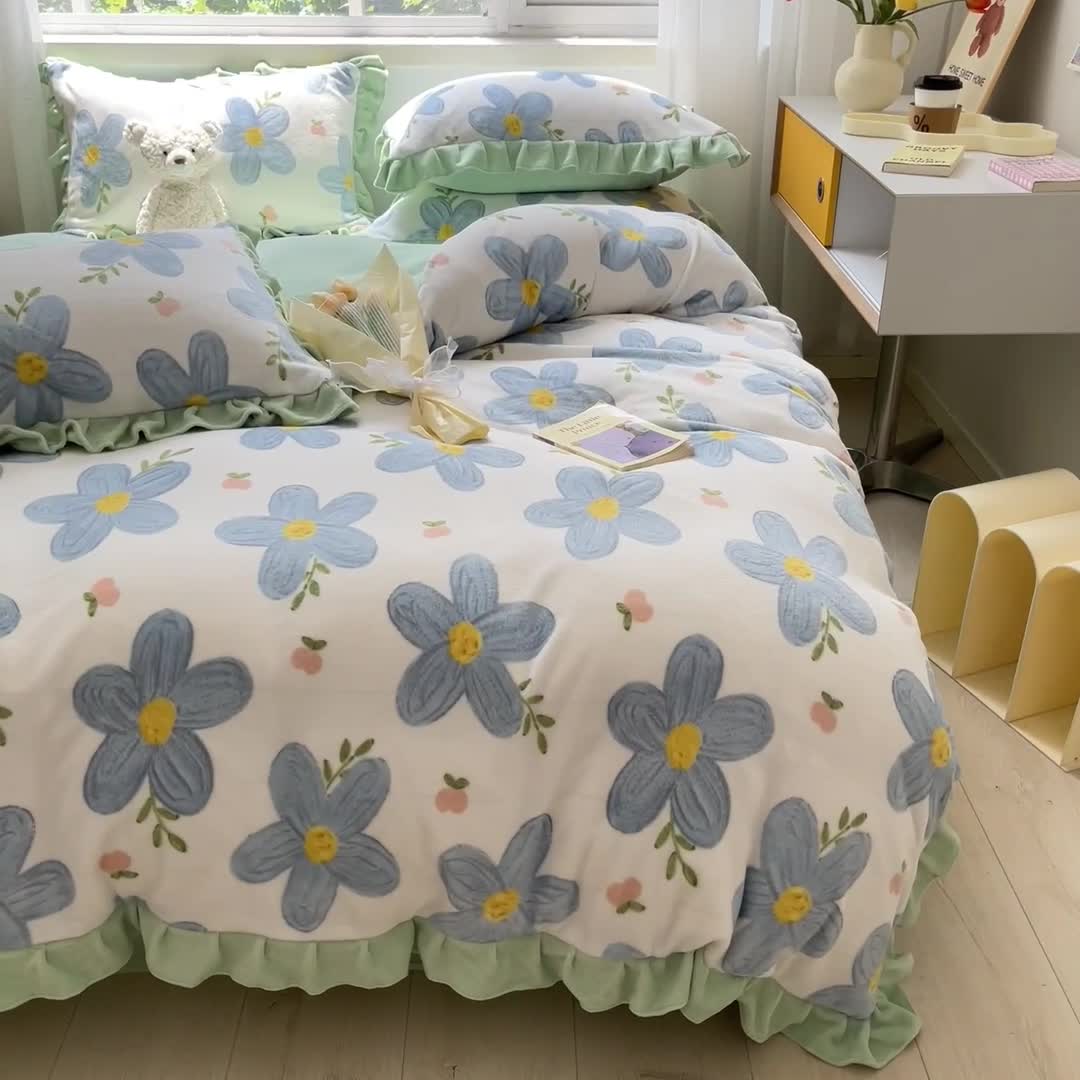 91家纺网 家纺一手货源 找家纺 安哆啦 2022新款加厚牛奶绒花边小贴标四件套 花边-花园里