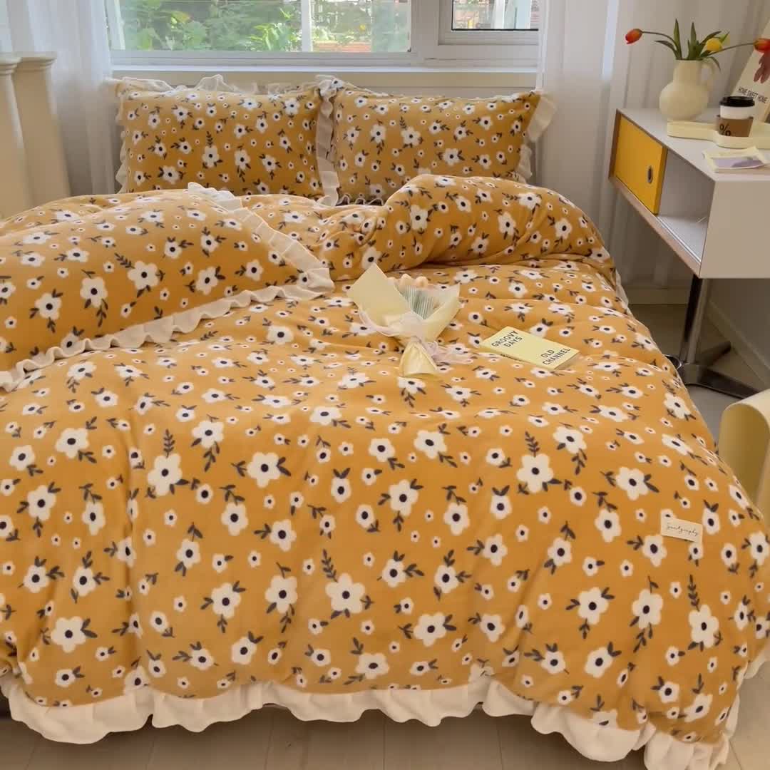 91家纺网 家纺一手货源 找家纺 安哆啦 2022新款加厚牛奶绒花边小贴标四件套 花边-田园小雏菊