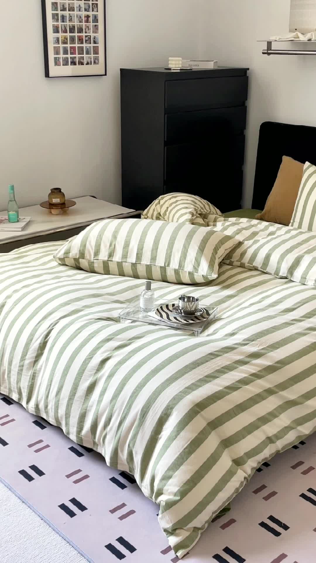 91家纺网 家纺一手货源 找家纺 （总）梦享生活 2022新款色织全棉水洗棉四件套-绿条纹