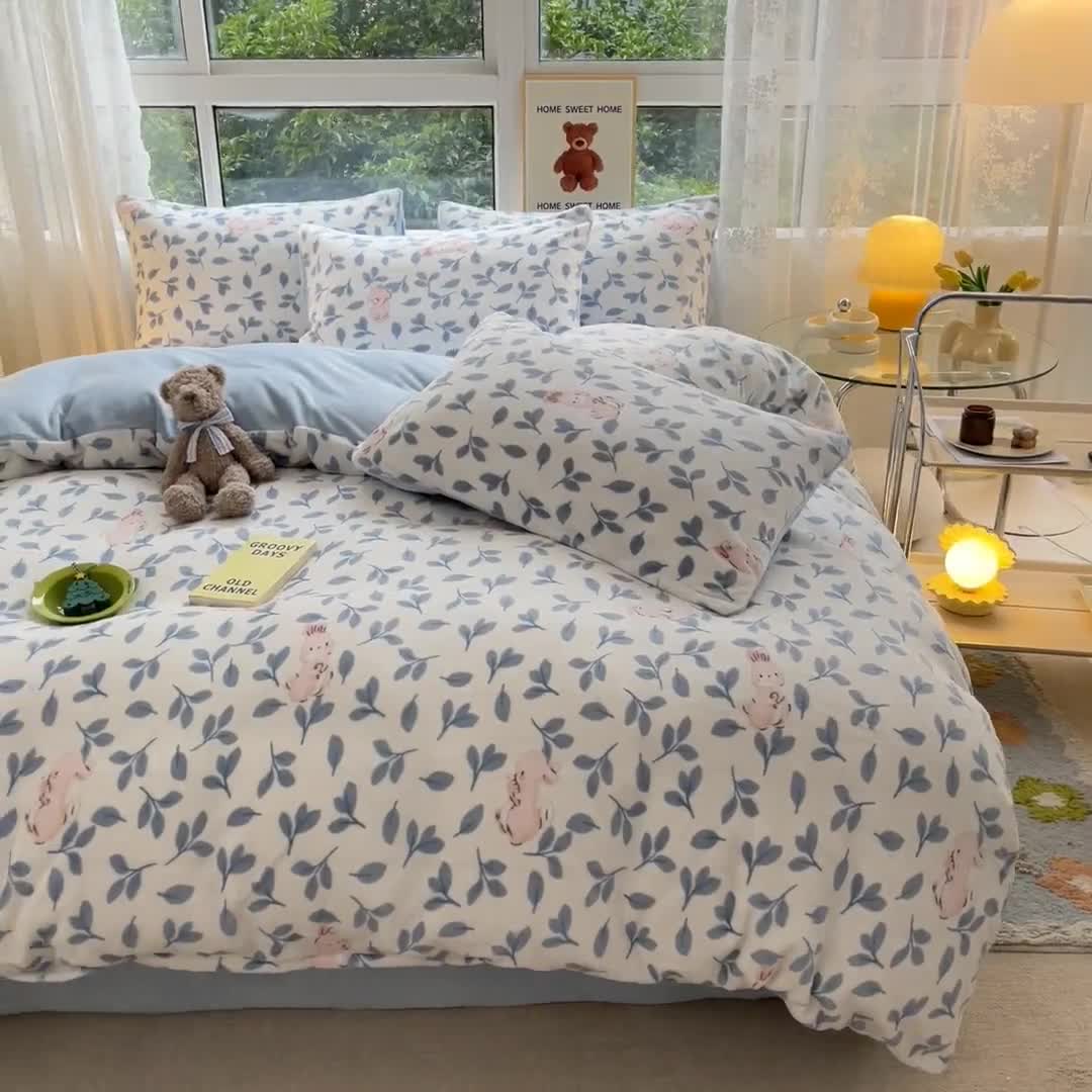 91家纺网 家纺一手货源 找家纺 桃子家居 2022新款ins小清新韩系加厚牛奶绒系列四件套 绒-萌萌兔1