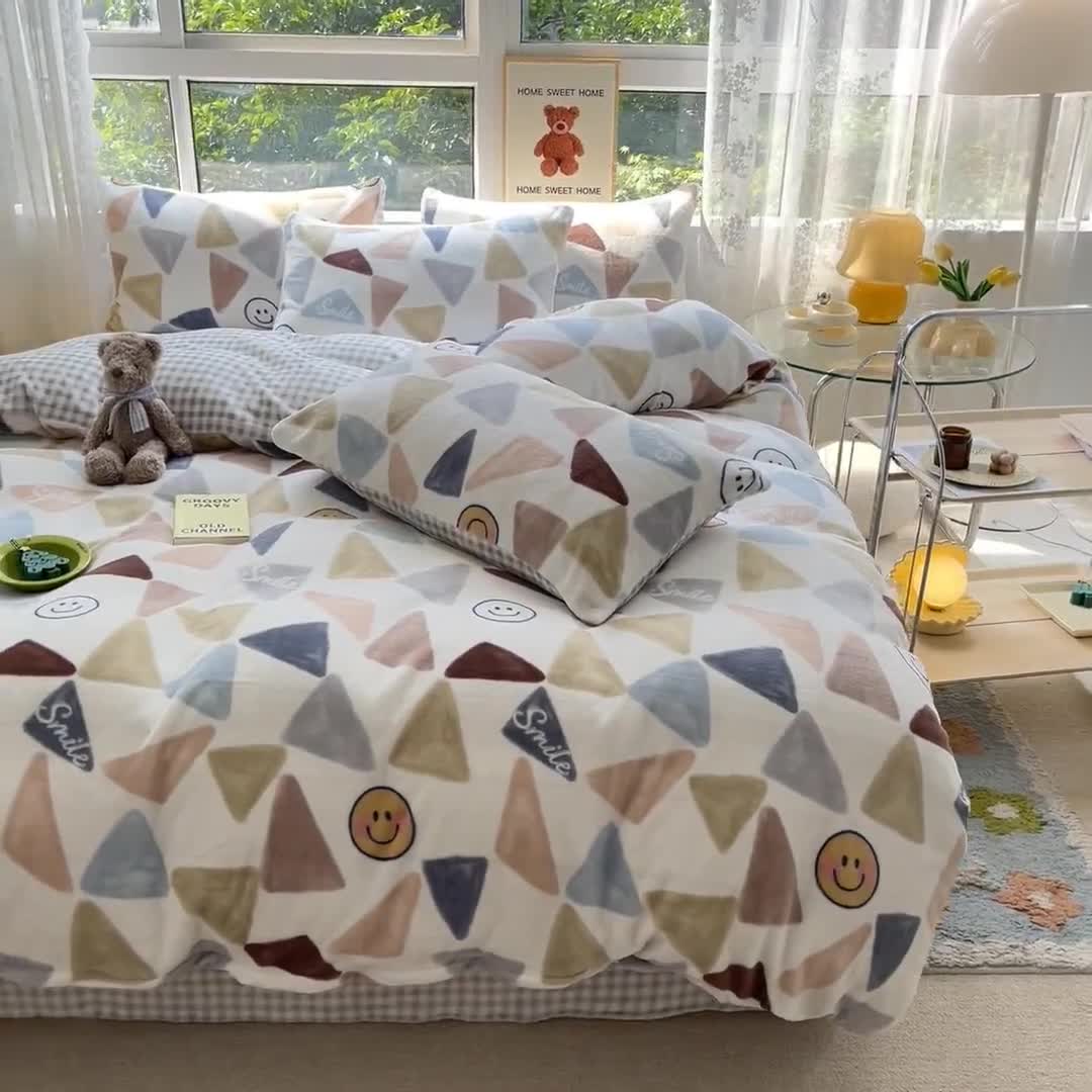 91家纺网 家纺一手货源 找家纺 桃子家居 2022新款ins小清新韩系加厚牛奶绒系列四件套 绒-微笑时光