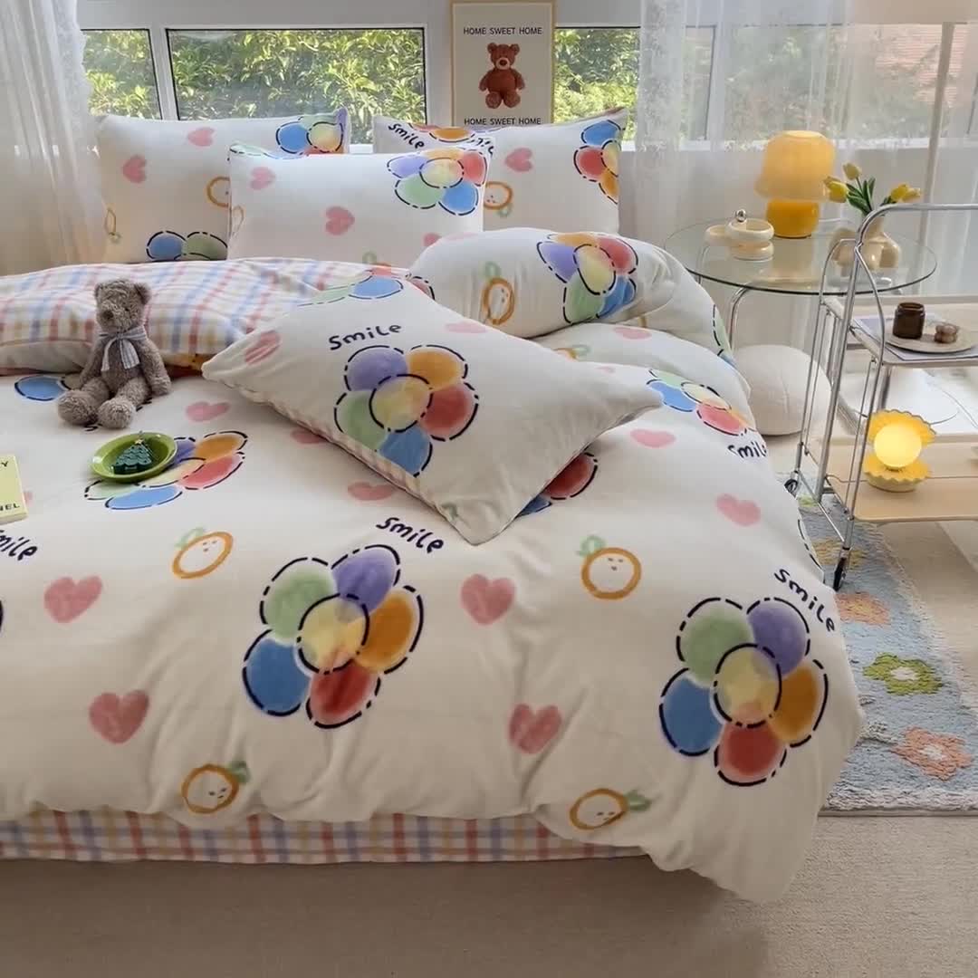 91家纺网 家纺一手货源 找家纺 桃子家居 2022新款ins小清新韩系加厚牛奶绒系列四件套 绒-五彩花