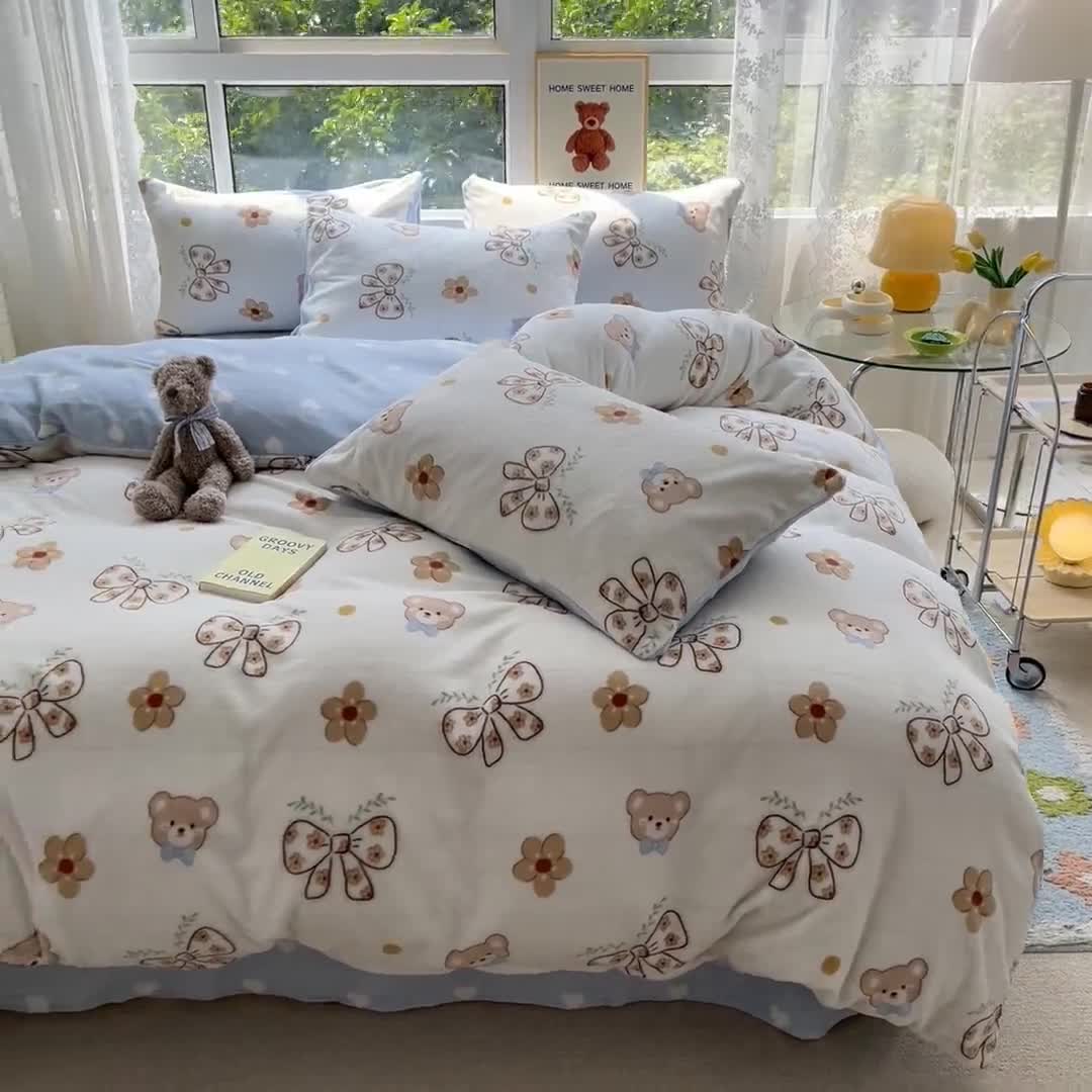 91家纺网 家纺一手货源 找家纺 桃子家居 2022新款ins小清新韩系加厚牛奶绒系列四件套 绒-小熊的梦