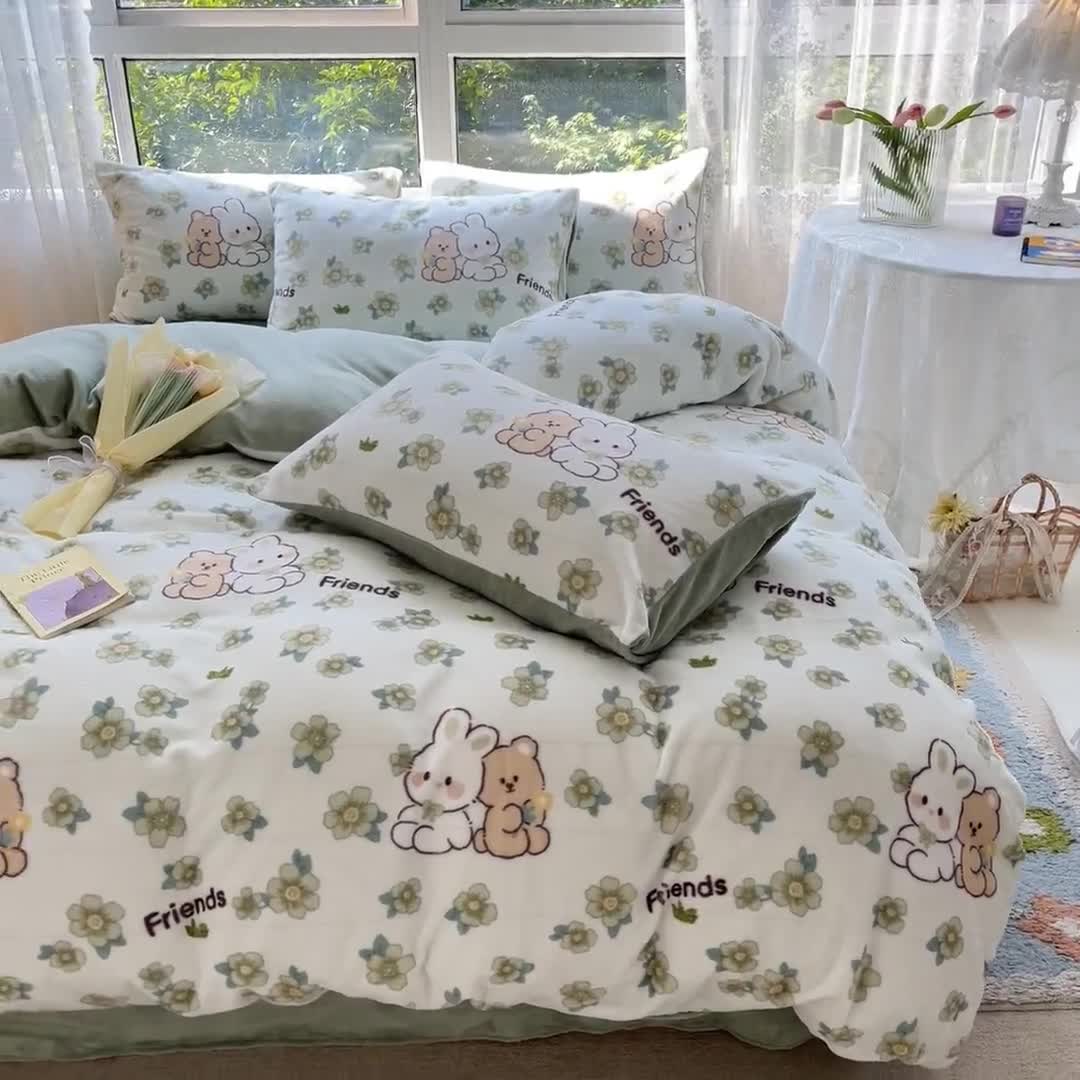 91家纺网 家纺一手货源 找家纺 桃子家居 2022新款ins小清新韩系加厚牛奶绒系列四件套 绒-熊兔小伙伴