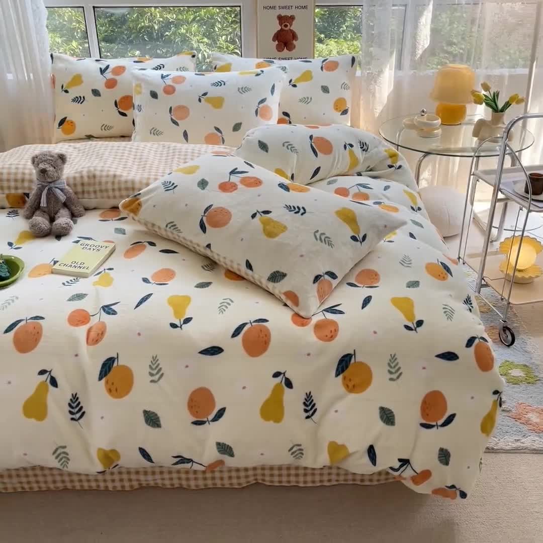 91家纺网 家纺一手货源 找家纺 桃子家居 2022新款ins小清新韩系加厚牛奶绒系列四件套 绒-硕果1