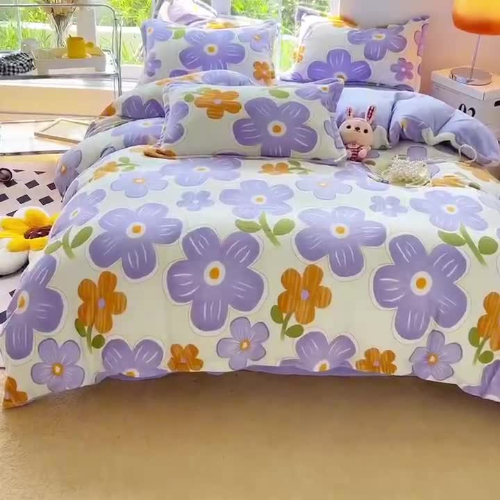 91家纺网 家纺一手货源 找家纺 米莱 2022新款牛奶绒小清新印花四件套 花海