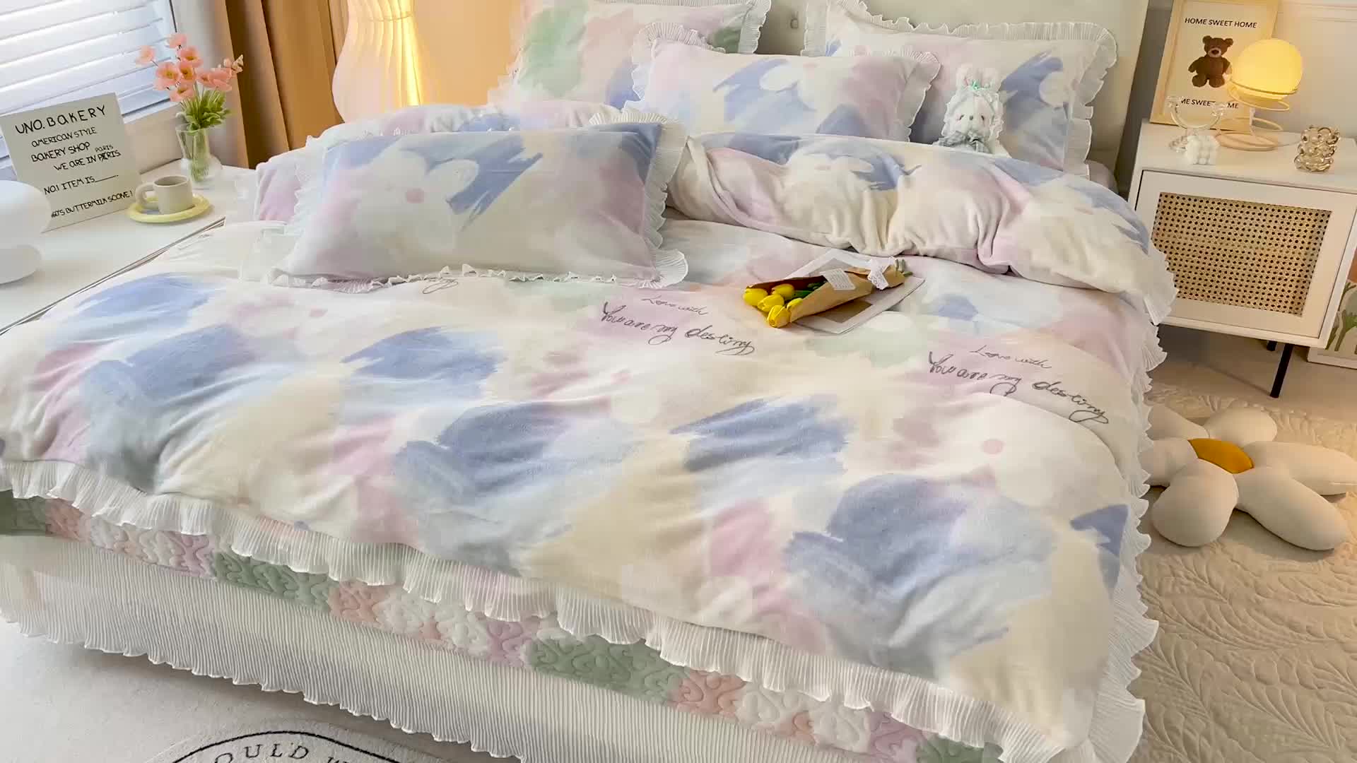 91家纺网 家纺一手货源 找家纺 （总）澳梵  2022新款韩版印花牛奶绒床盖三件套四件套