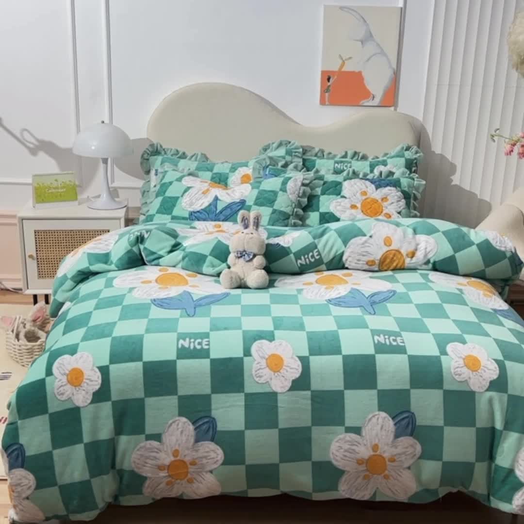 91家纺网 家纺一手货源 找家纺 美达新款牛奶绒印花床笠款四件套（床笠高度30cm） 淡雅花香