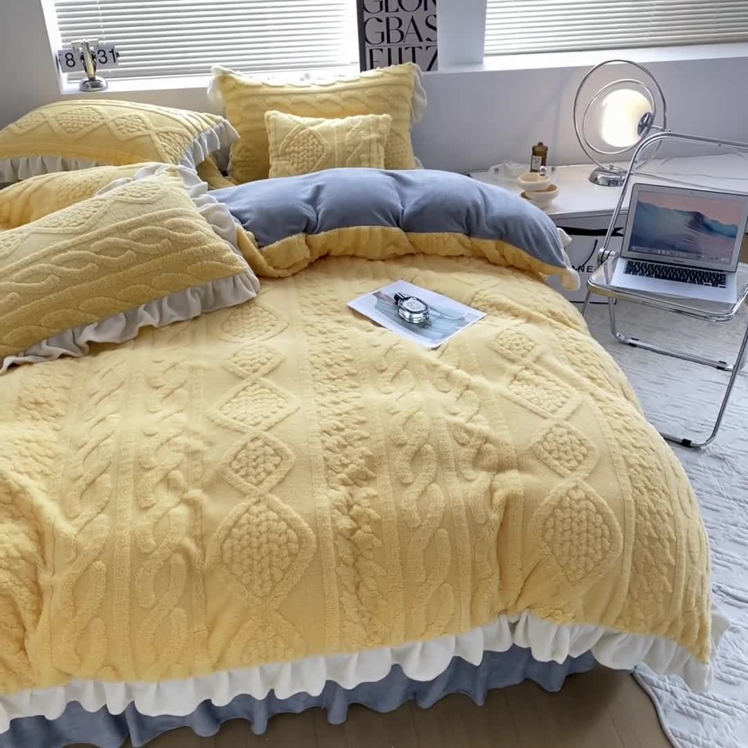 91家纺网 家纺一手货源 找家纺 （总）蝶帕 2024新韩版花边塔芙绒四件套牛奶绒三件套