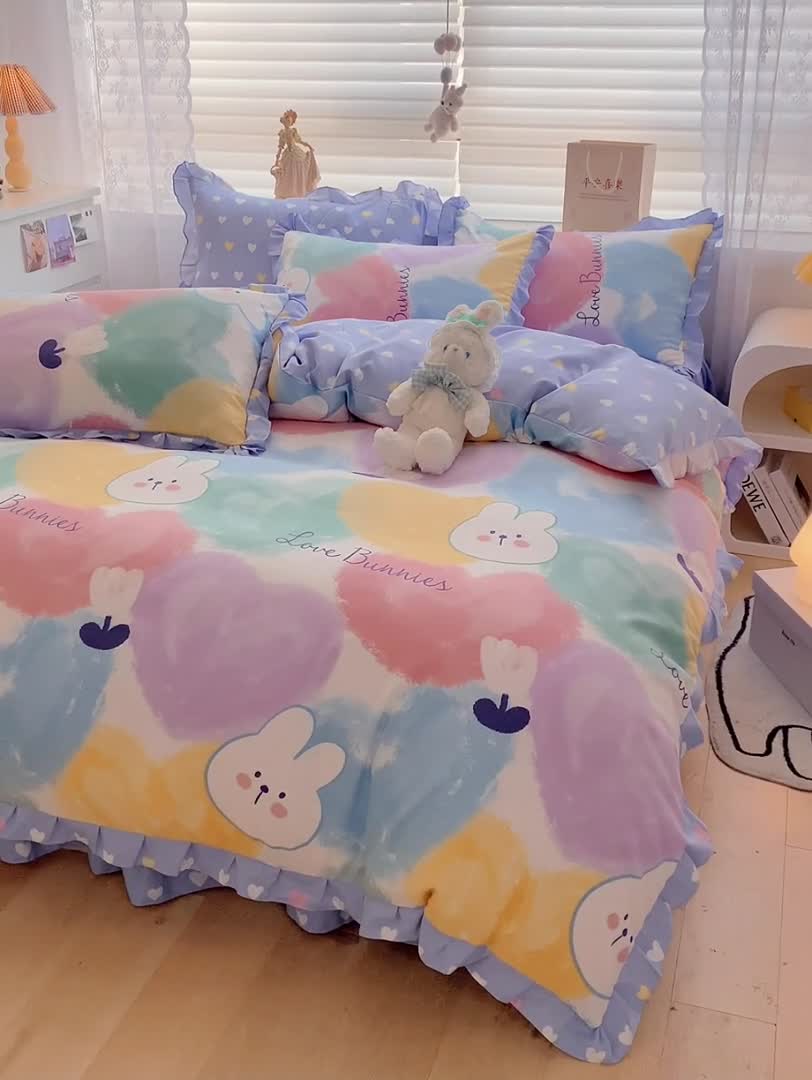 91家纺网 家纺一手货源 找家纺 上尚居 2024新款小清新韩版花边磨毛四件套水洗棉爱心兔