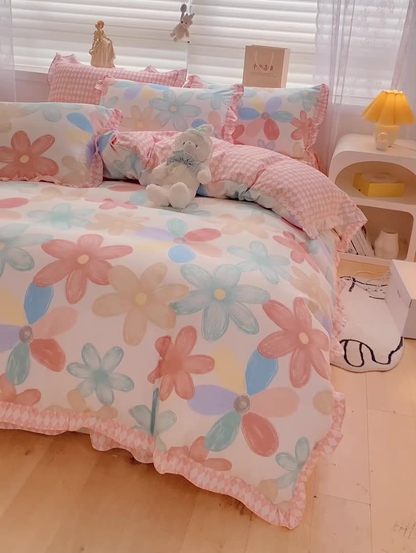 91家纺网 家纺一手货源 找家纺 上尚居 2024新款小清新韩版花边磨毛四件套水洗棉花束之美