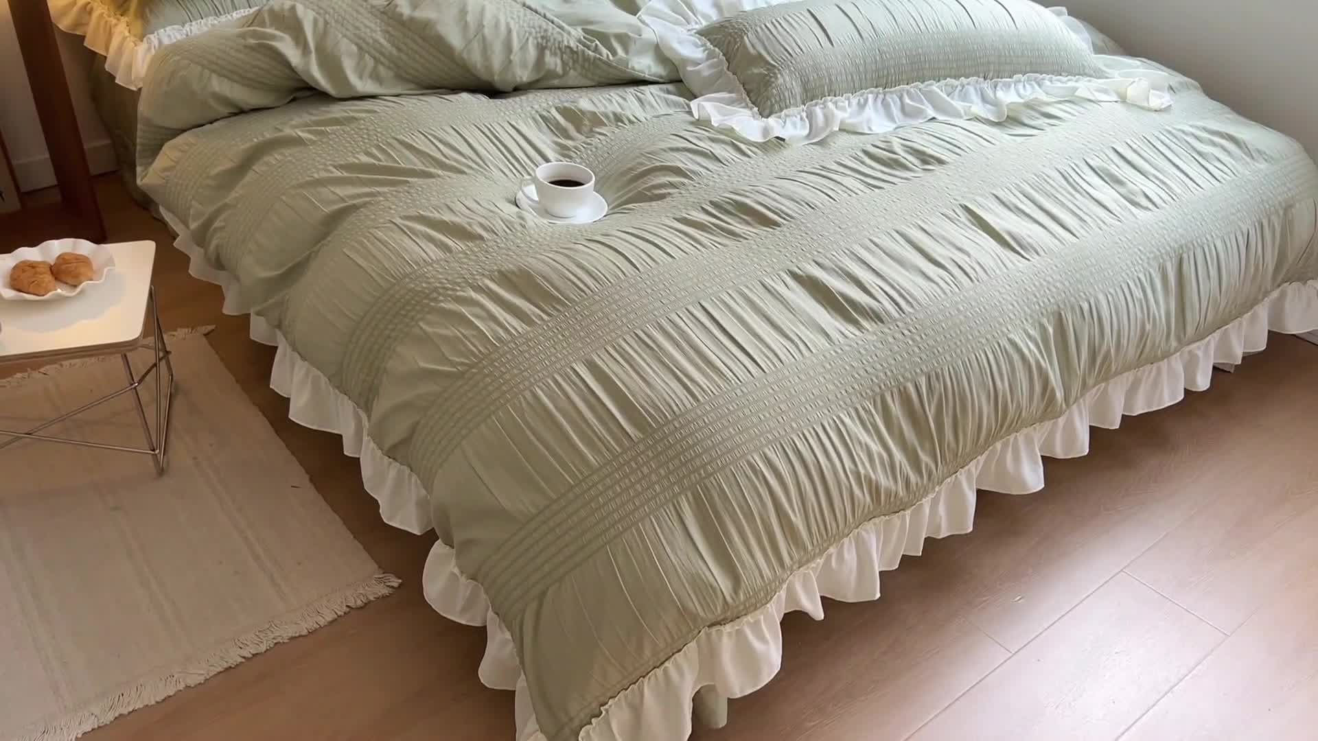 91家纺网 家纺一手货源 找家纺 慕澄2022新款直播爆款仙女泡泡纱四件套 芥绿绿