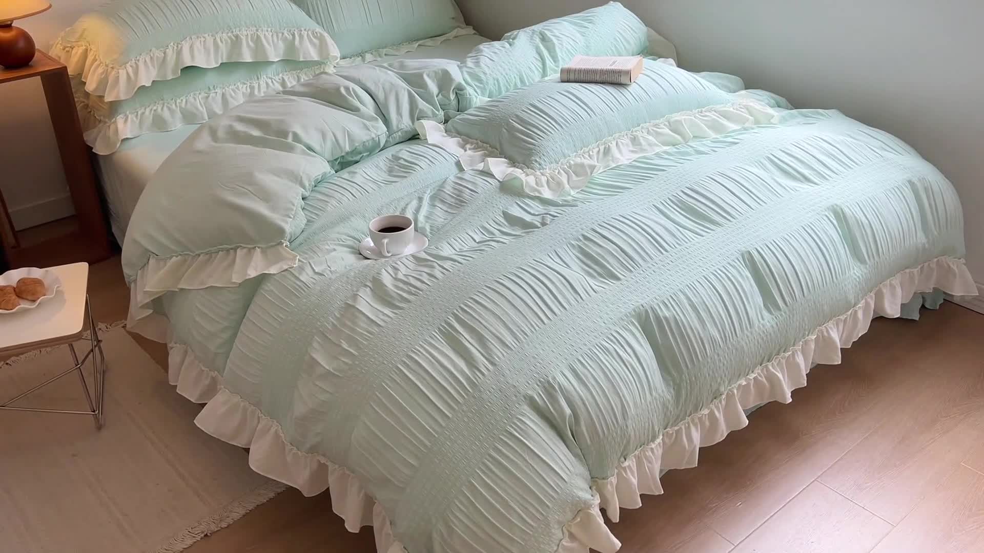 91家纺网 家纺一手货源 找家纺 慕澄2022新款直播爆款仙女泡泡纱四件套 烟蓝蓝