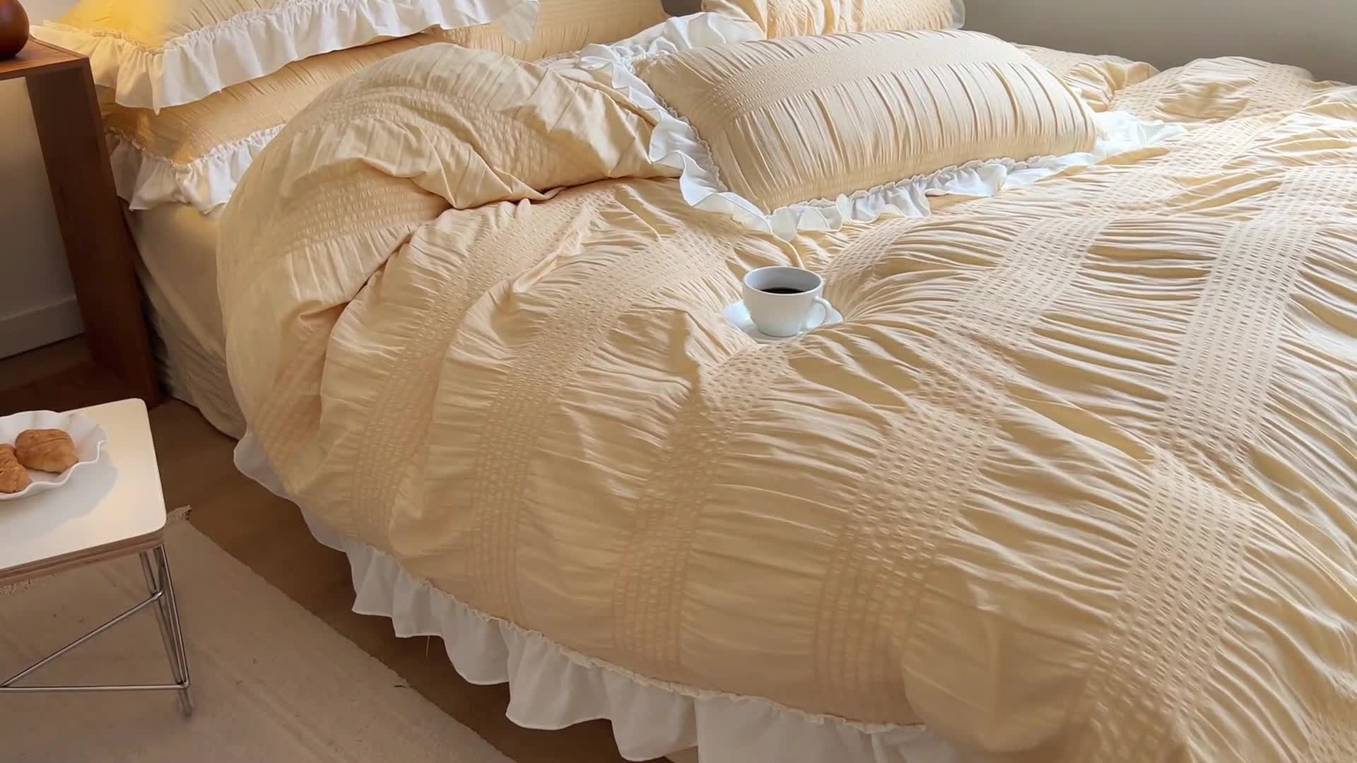 91家纺网 家纺一手货源 找家纺 慕澄2022新款直播爆款仙女泡泡纱四件套 黄玉米