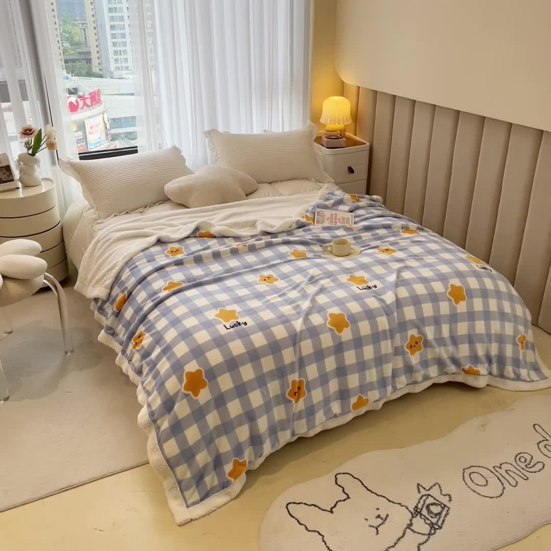 91家纺网 家纺一手货源 找家纺 兄弟坊 2022新款牛奶绒印花多功能毛毯被 幸运星