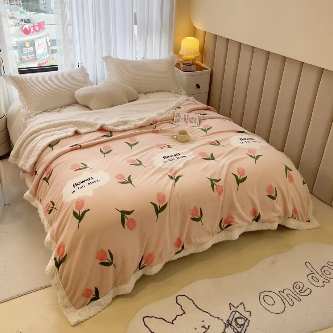 91家纺网 家纺一手货源 找家纺 兄弟坊 2022新款牛奶绒印花多功能毛毯被 郁金香