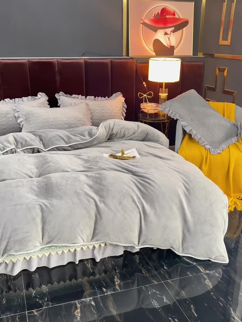 91家纺网 家纺一手货源 找家纺 冬然 2022新款床盖牛奶绒夹棉床裙四件套单床裙单被套高级灰