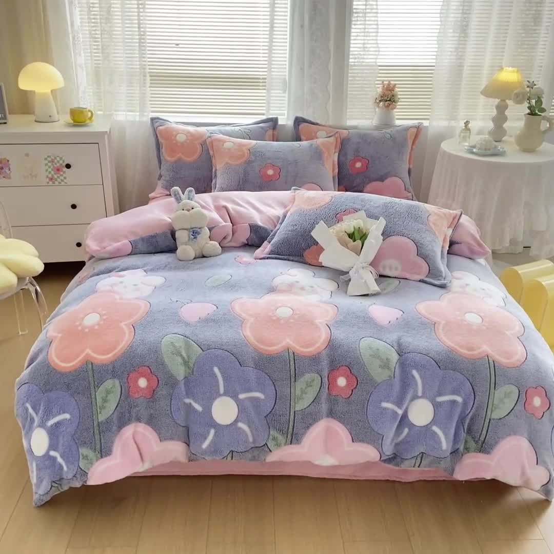 91家纺网 家纺一手货源 找家纺 优家居 2023新款加厚保暖雪花绒四件套 花园兔