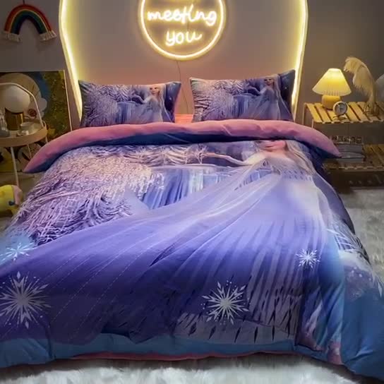 91家纺网 家纺一手货源 找家纺 ds生活馆2025新款大版卡通水晶牛奶珊瑚绒单被套三四件套 冰雪皇后