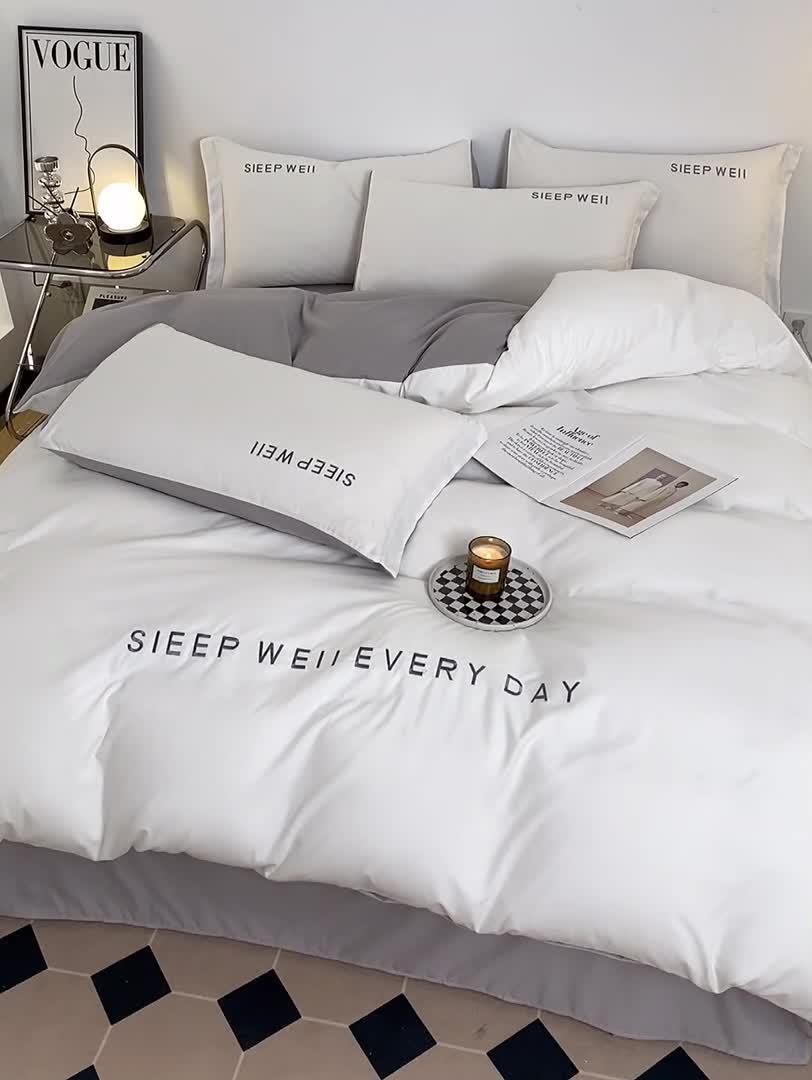 91家纺网 家纺一手货源 找家纺 啊雅家居纯色水洗磨毛亲肤绣花床单款床笠款四套件奶白加奶浅灰