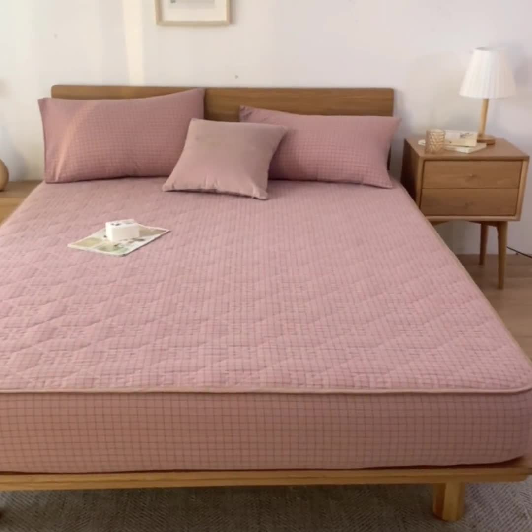 91家纺网 家纺一手货源 找家纺 席世家 2022新款色织全棉加棉床笠 粉小格