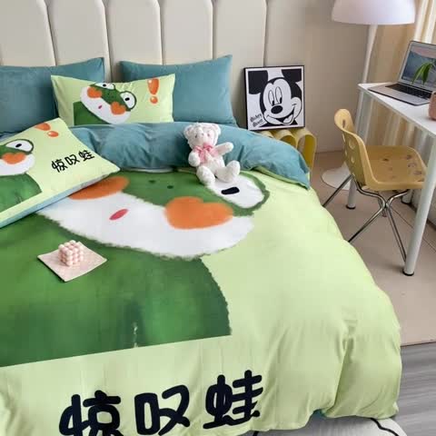 91家纺网 家纺一手货源 找家纺 博雅 2022新款婴儿绒大版印花系列四件套 惊叹蛙