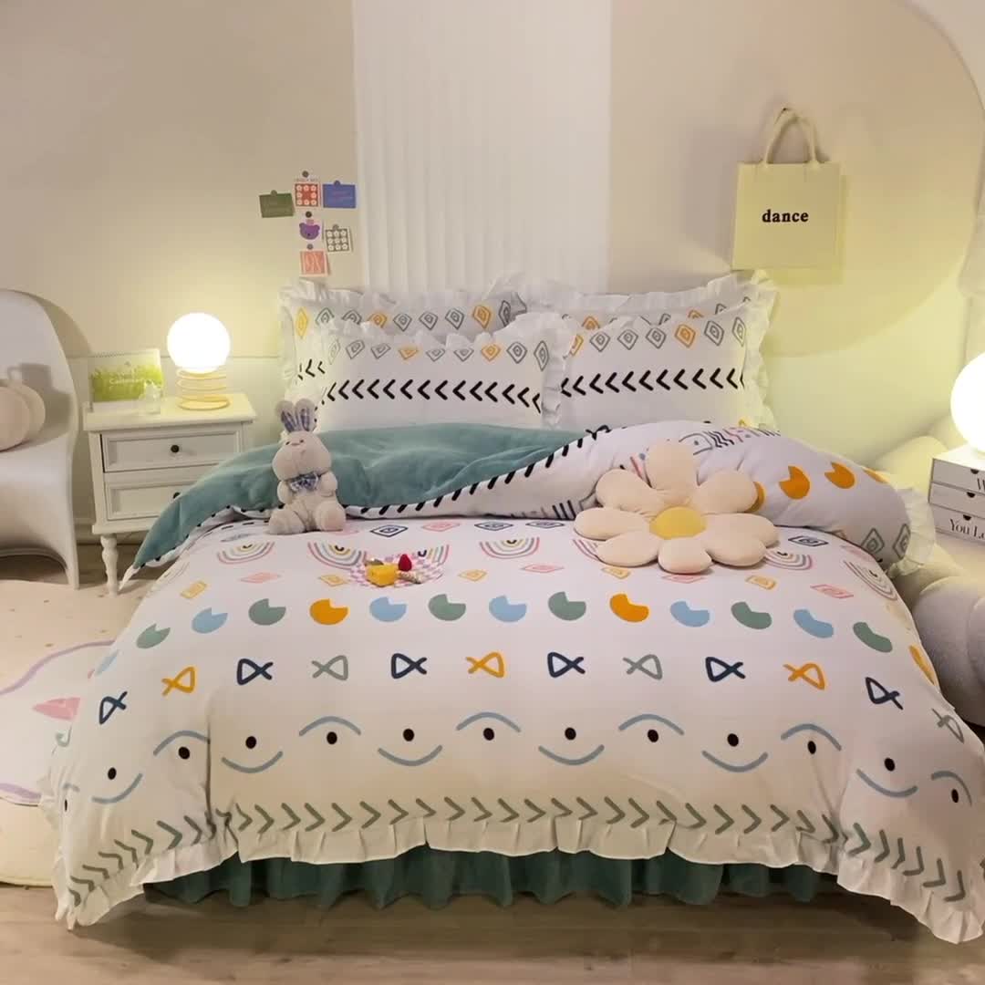 91家纺网 家纺一手货源 找家纺 绒兔兔 2022新款印花牛奶绒四件套提供买家秀几何空间