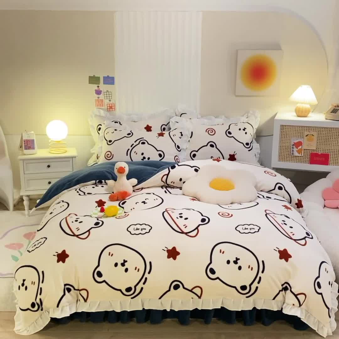 91家纺网 家纺一手货源 找家纺 绒兔兔 2022新款印花牛奶绒四件套提供买家秀太空熊