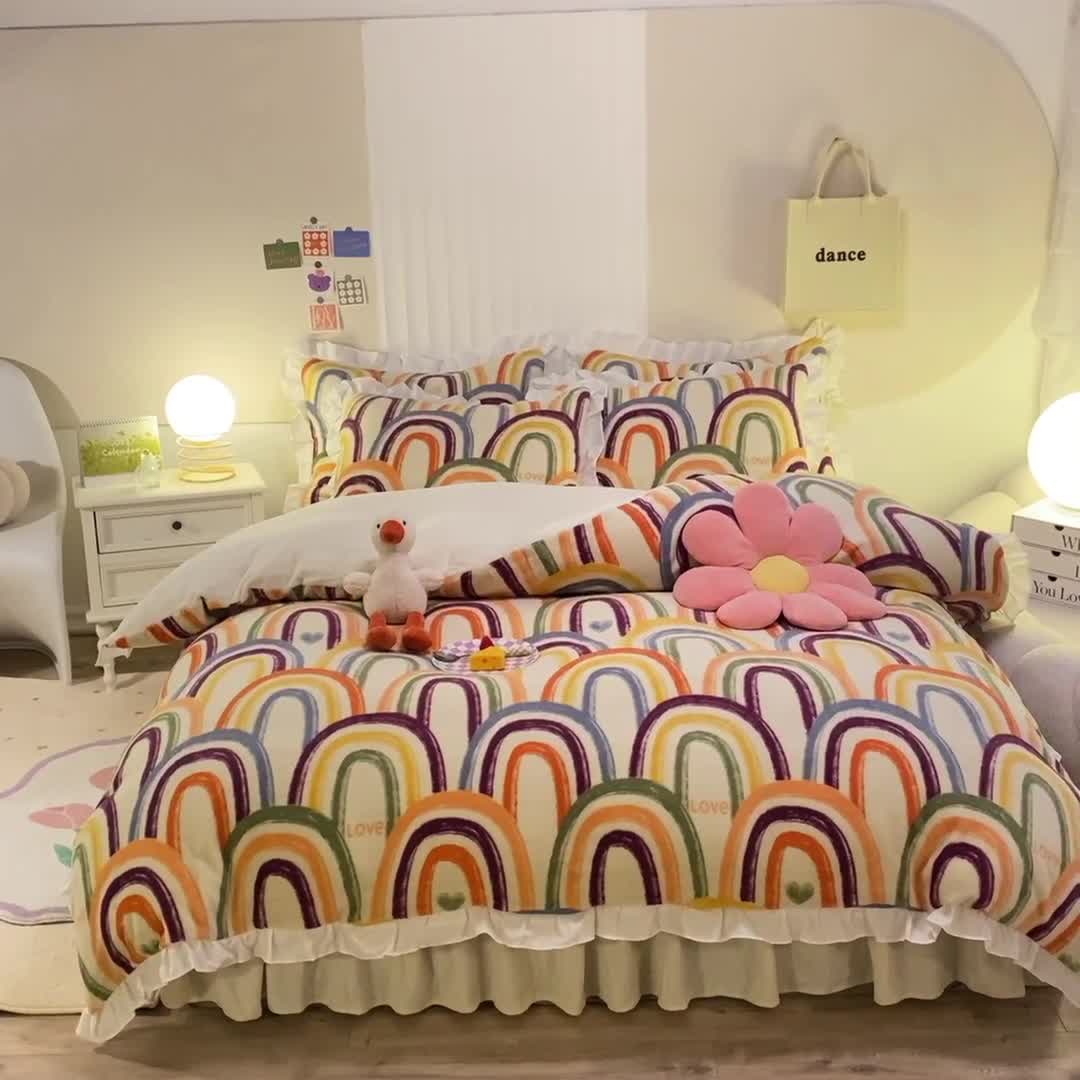 91家纺网 家纺一手货源 找家纺 绒兔兔 2022新款印花牛奶绒四件套提供买家秀涂鸦彩虹