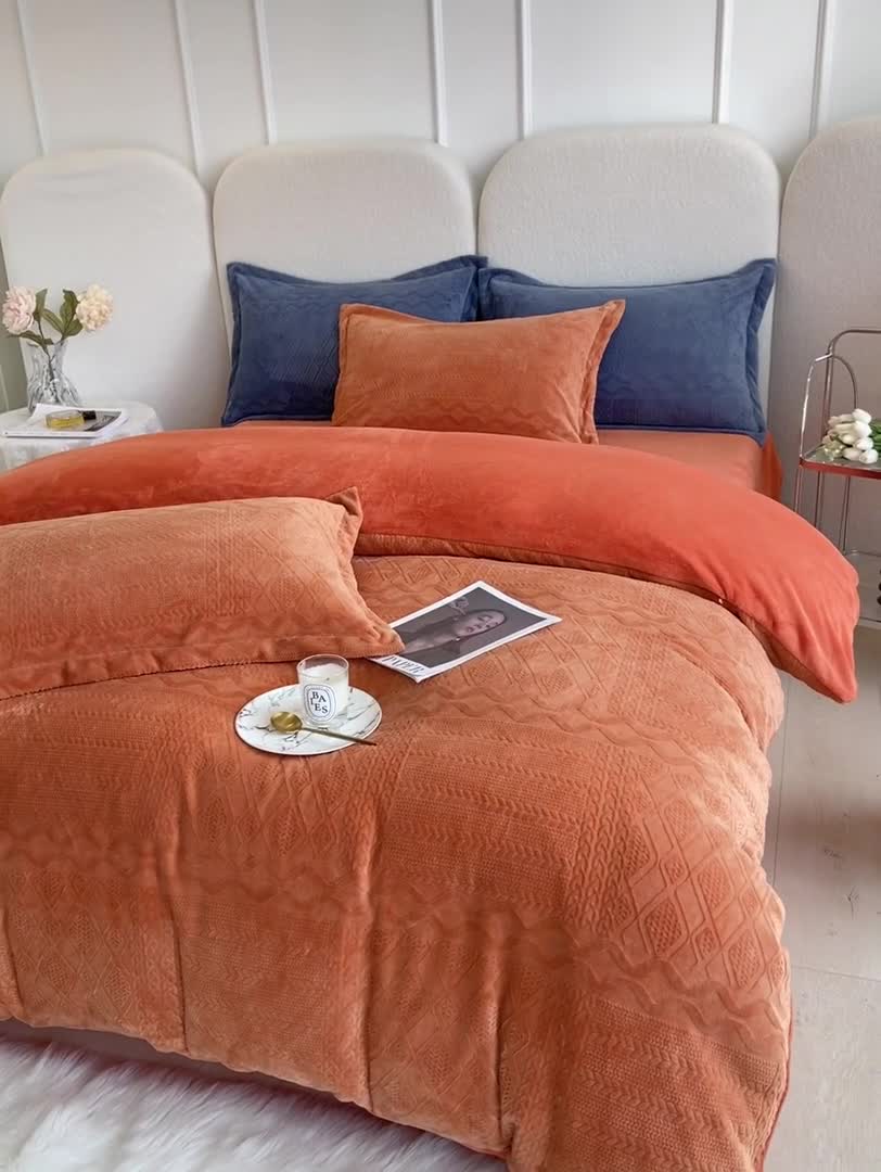 91家纺网 家纺一手货源 找家纺 寐居 2022新款高克重烂花牛奶绒四件套 韩式烂花-橘色