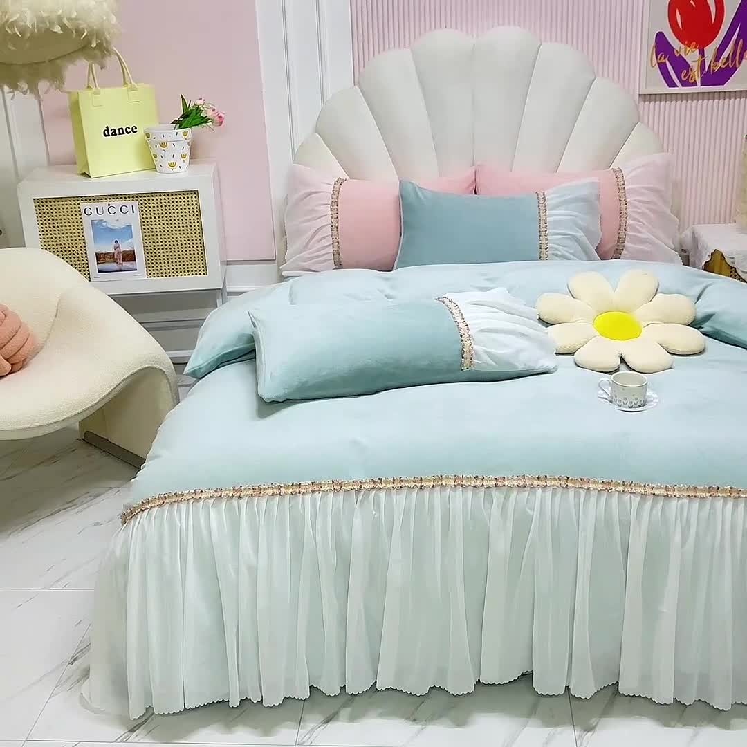 91家纺网 家纺一手货源 找家纺 艾米家居 2022秋冬新款牛奶绒花边四件套爱莎系列 豆绿