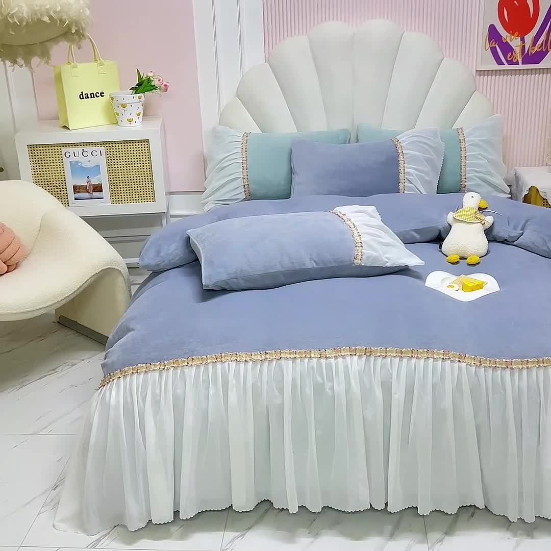 91家纺网 家纺一手货源 找家纺 艾米家居 2022秋冬新款牛奶绒花边四件套爱莎系列 灰色