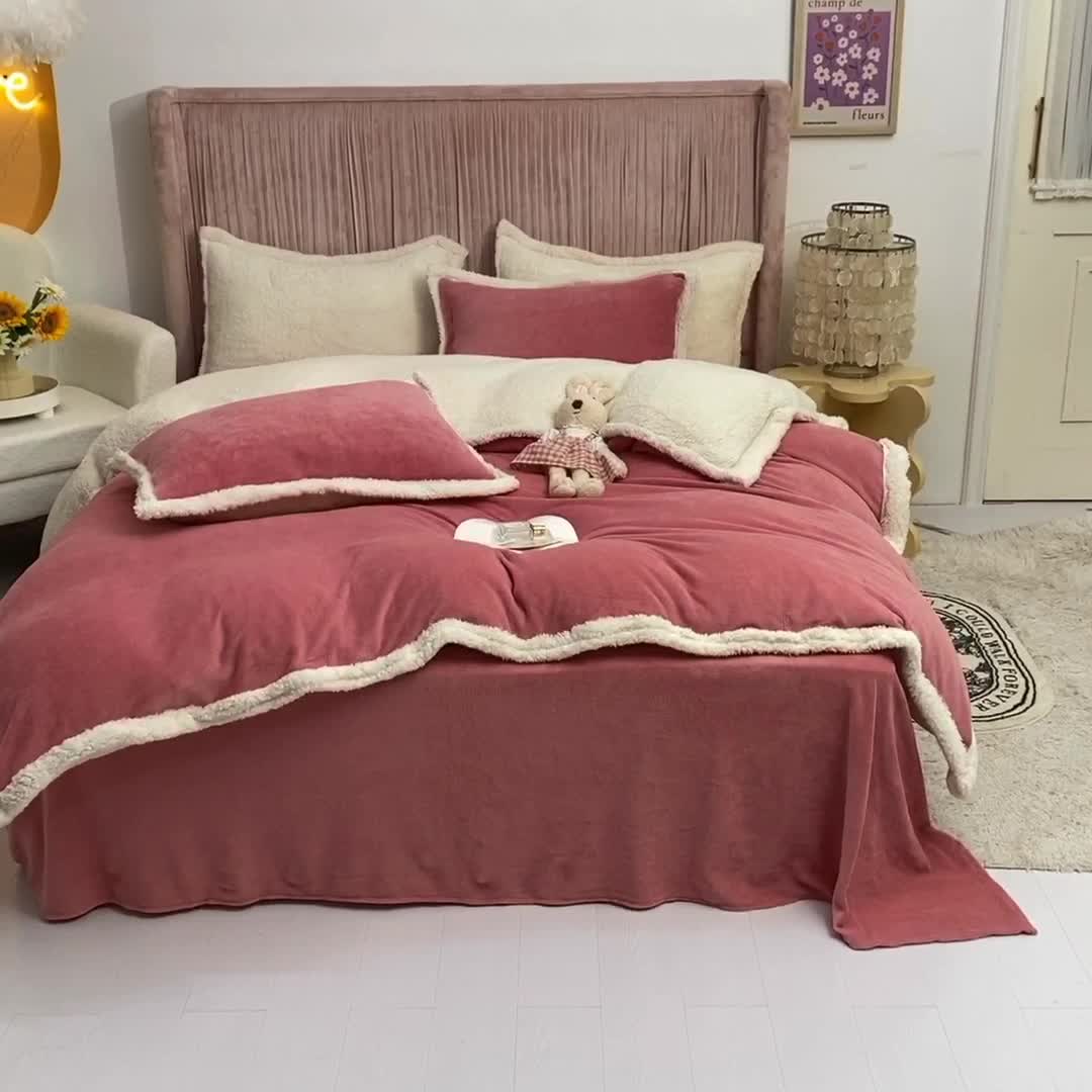 91家纺网 家纺一手货源 找家纺 艾米家居  2022秋冬新款羊羔绒拼牛奶绒系列 豆沙