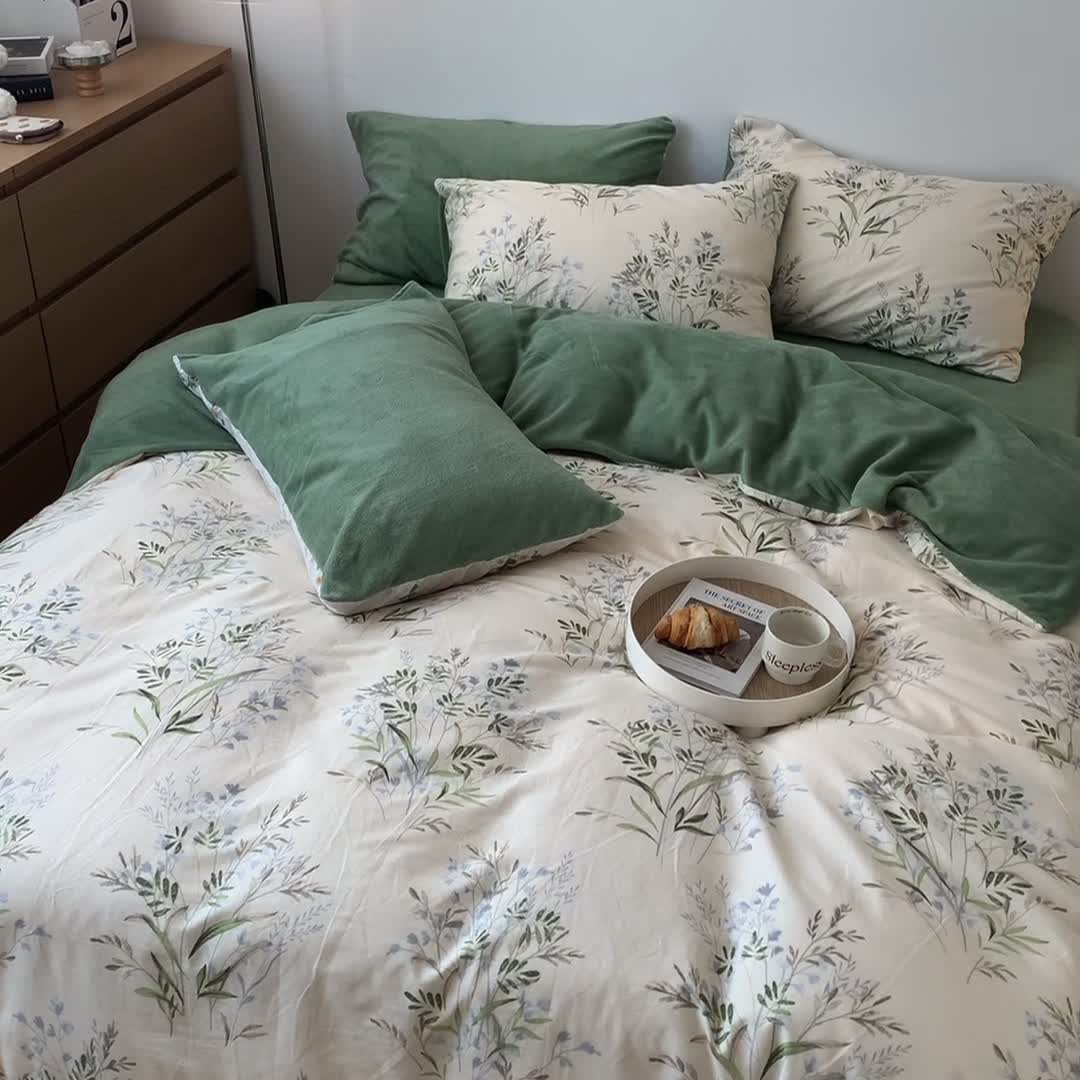 91家纺网 家纺一手货源 找家纺 梦家居 2022新款秋冬新品全棉加牛奶绒四件套 仙草绒