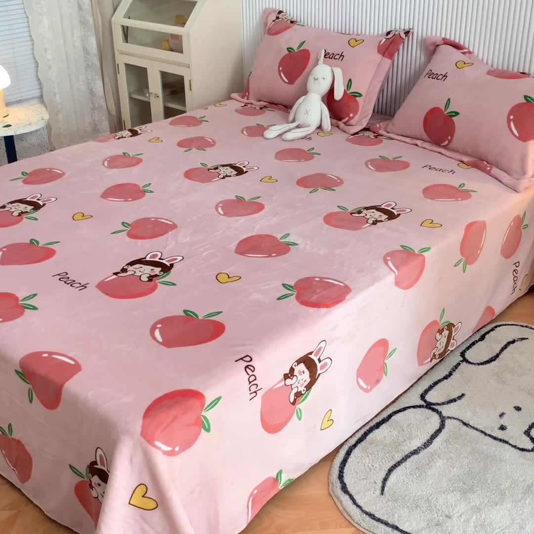 91家纺网 家纺一手货源 找家纺 梦家居 2022新款秋冬新款牛奶绒单床单 桃子女孩