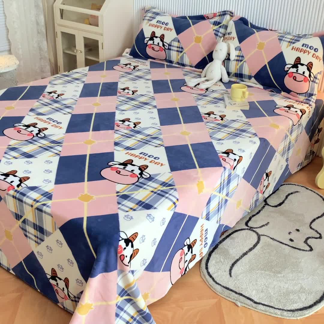 91家纺网 家纺一手货源 找家纺 梦家居 2022新款秋冬新款牛奶绒单床单 格子奶牛