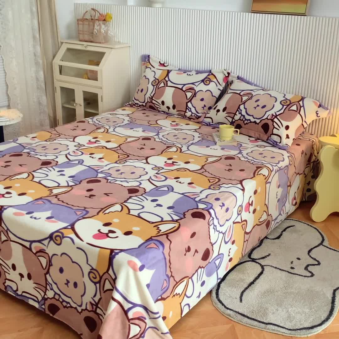 91家纺网 家纺一手货源 找家纺 梦家居 2022新款秋冬新款牛奶绒单床单 动物园