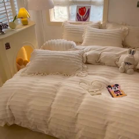 91家纺网 家纺一手货源 找家纺 金爱家 2023新款流苏牛奶绒四件套 流苏-奶白