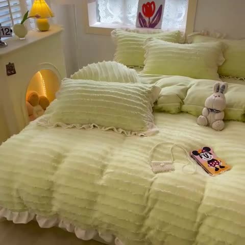 91家纺网 家纺一手货源 找家纺 金爱家 2023新款流苏牛奶绒四件套 流苏-青绿