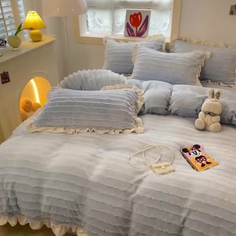 91家纺网 家纺一手货源 找家纺 金爱家 2023新款流苏牛奶绒四件套 流苏-天空蓝