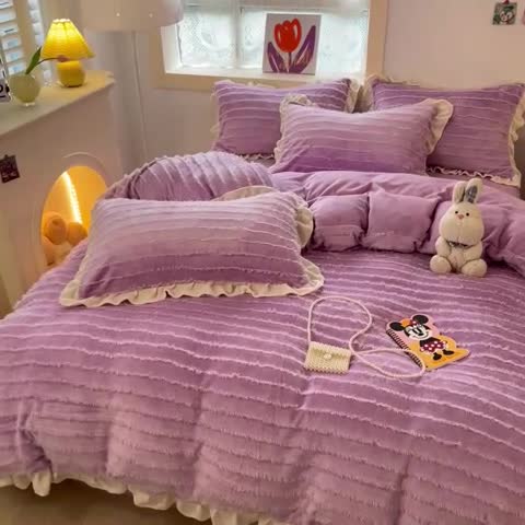 91家纺网 家纺一手货源 找家纺 金爱家 2023新款流苏牛奶绒四件套 流苏-紫