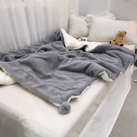 91家纺网 家纺一手货源 找家纺 潮邦2025新款仿兔毛羊羔绒毛球毯含买家秀 普通款灰