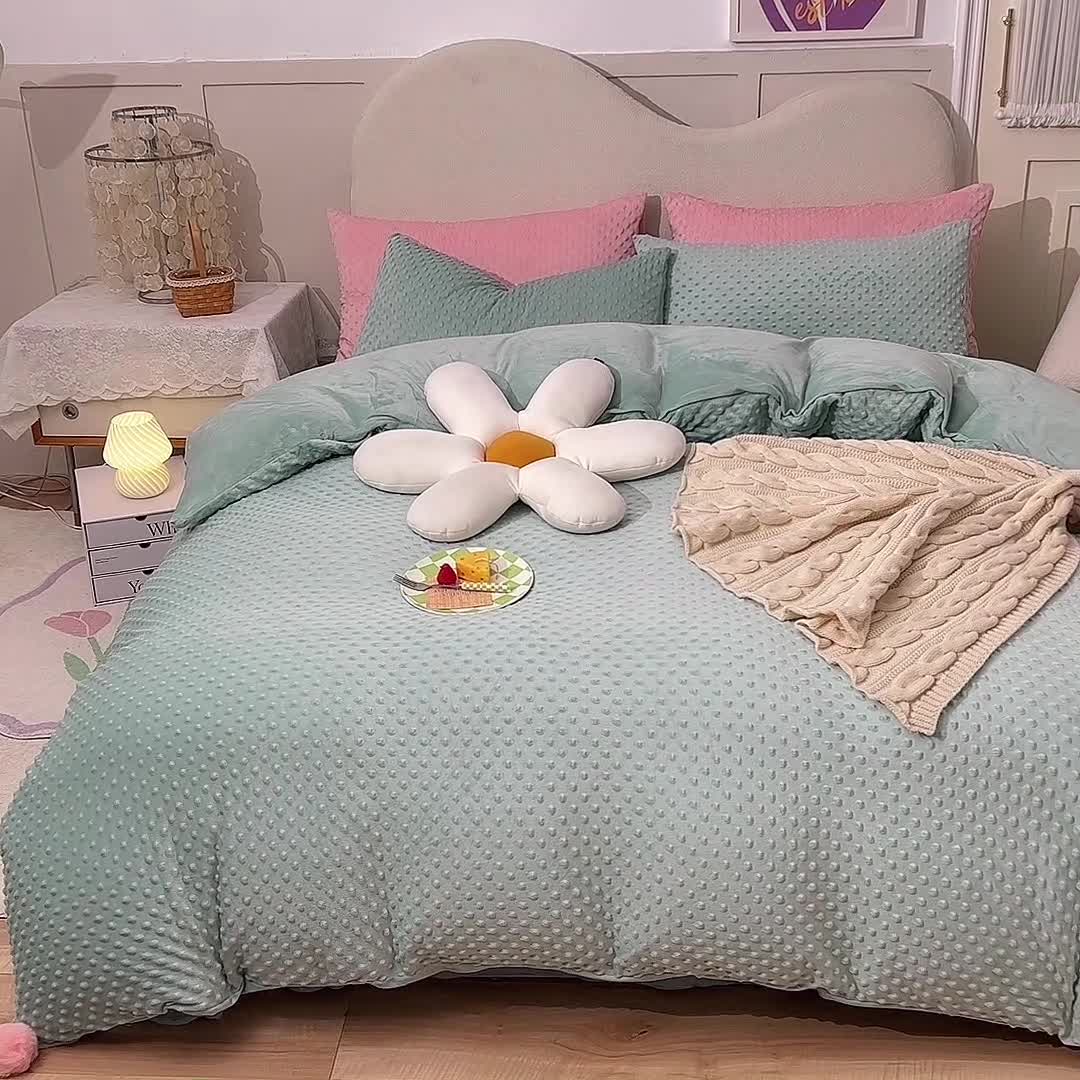 91家纺网 家纺一手货源 找家纺 艾米家居  2022新款秋冬豆豆绒宝宝绒四件套 水绿