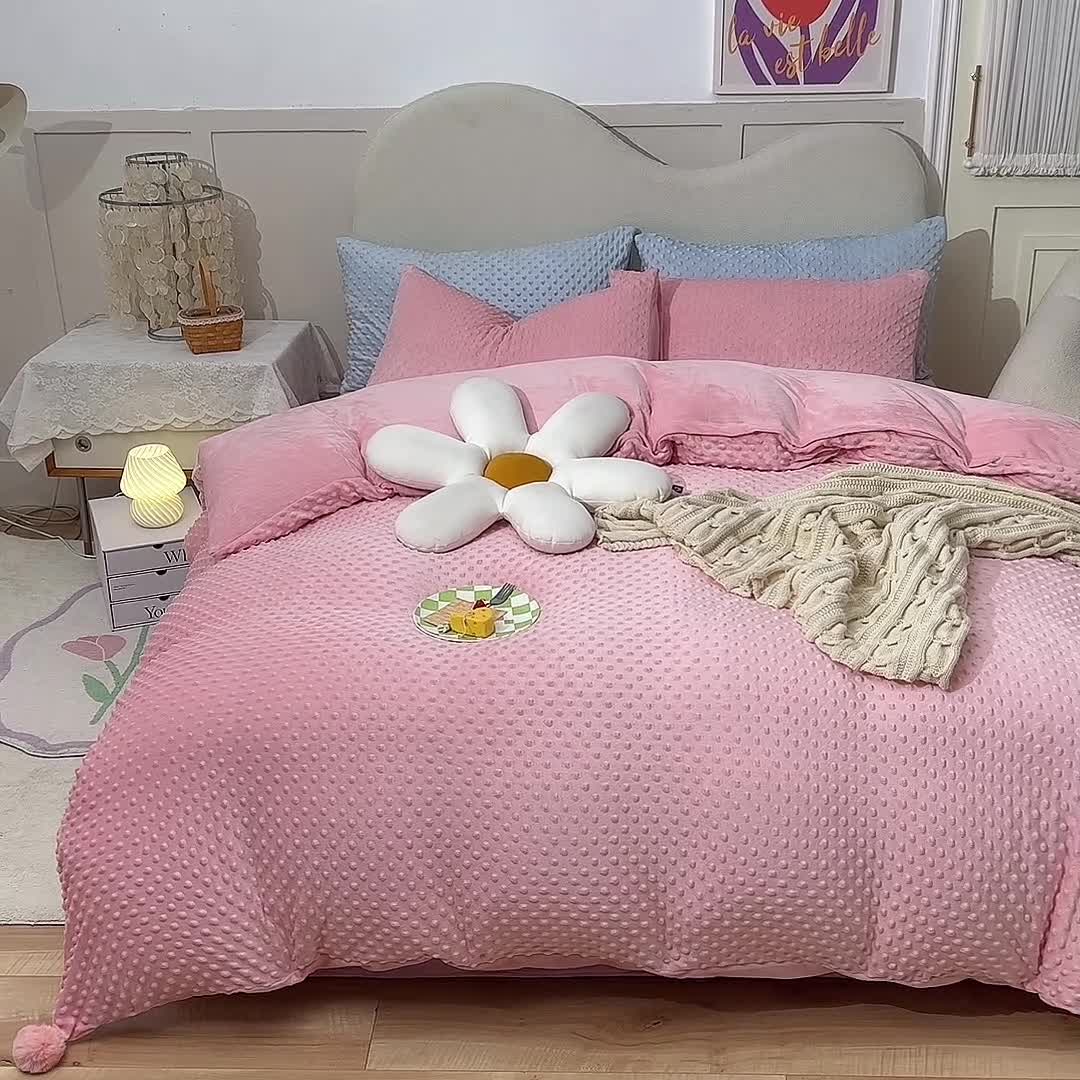 91家纺网 家纺一手货源 找家纺 艾米家居  2022新款秋冬豆豆绒宝宝绒四件套 玉色