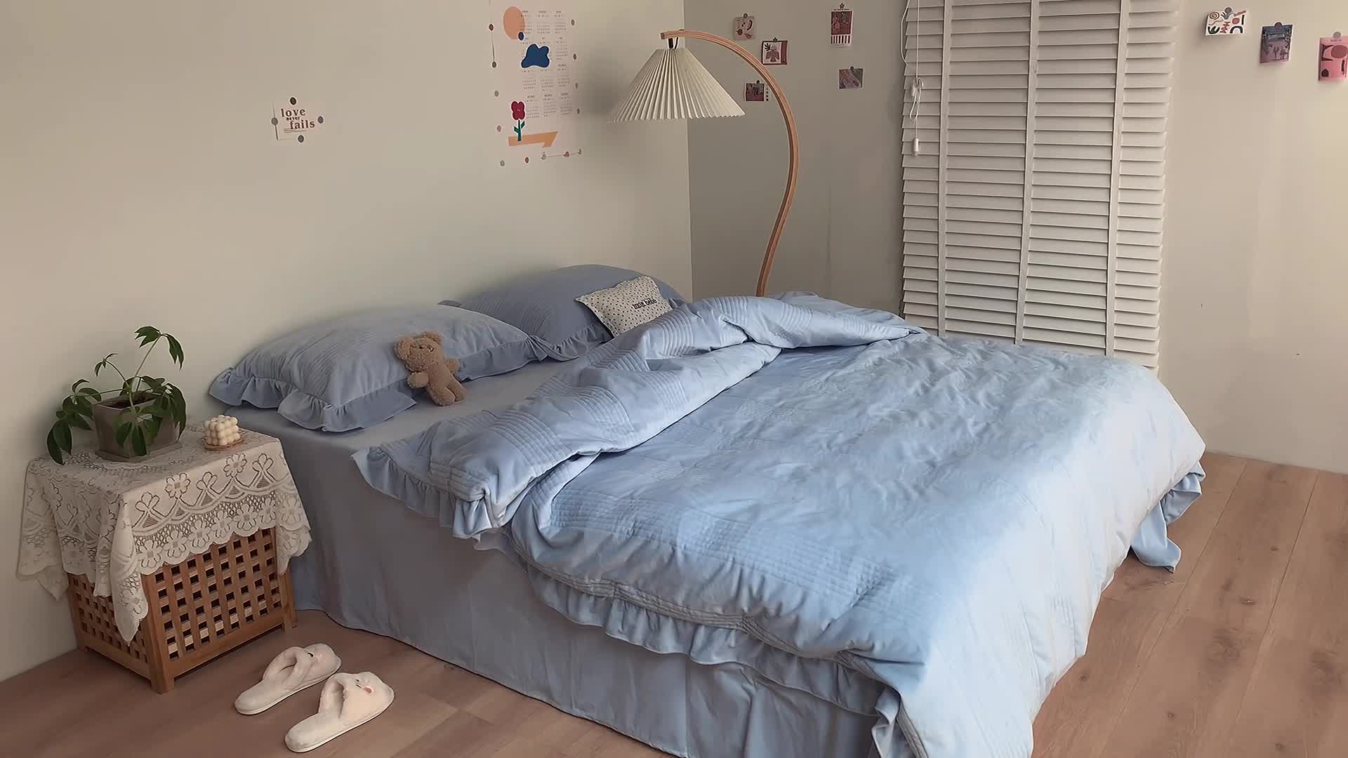 91家纺网 家纺一手货源 找家纺 六巷胡同 2022新款韩国博主同款婴儿绒四件套 雾霾蓝